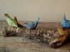 4 handgemaakte musjes op dikke houten tak.